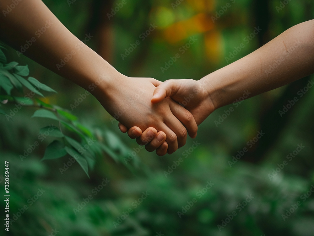 two hands, one small and one large, grasping each other firmly against a backdrop of a flourishing green forest, embodying support and empowerment