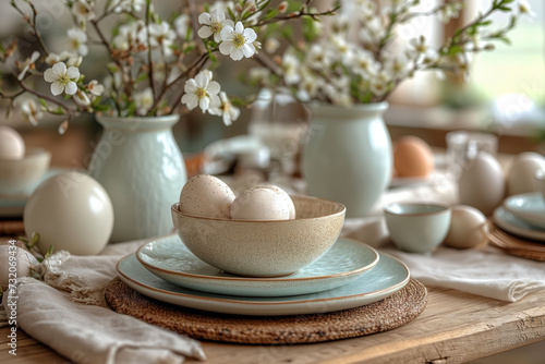 A Symphony of Spring, Delicate Easter Eggs Nestled Among Artisanal Pottery, with a Bouquet of Fresh Blooms