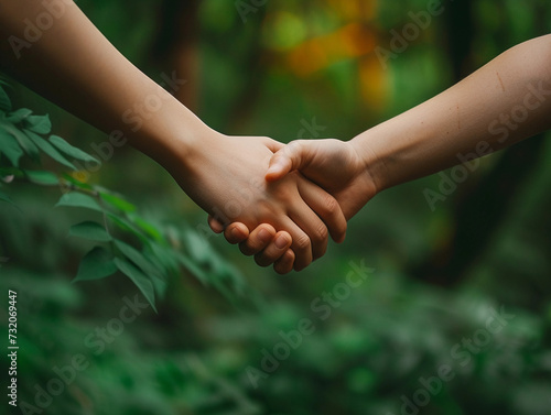 two hands, one small and one large, grasping each other firmly against a backdrop of a flourishing green forest, embodying support and empowerment