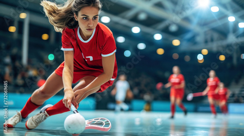 Female athlete intensely focused during an indoor floorball game, demonstrating skill and determination in the sport.