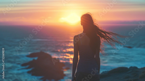 powerful woman standing on a cliff overlooking the ocean at sunrise, her hair flowing in the wind, symbolizing strength and freedom © Marco Attano