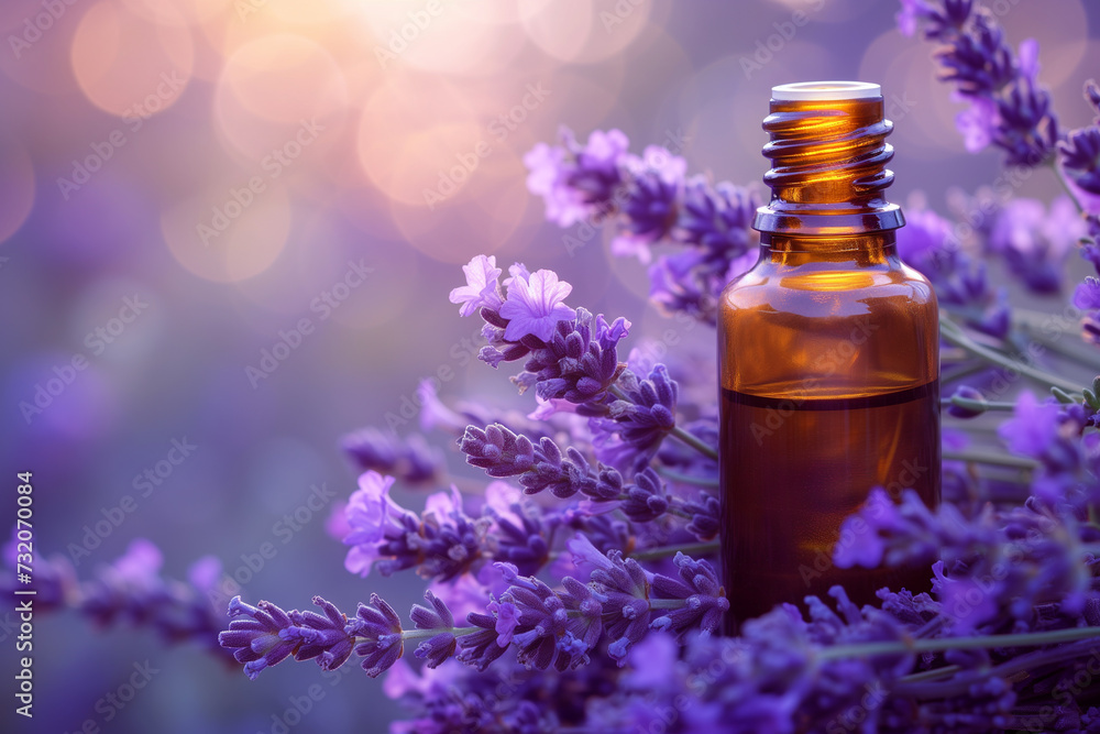 A bottle of aromatherapy essential oil with lavender flowers, with copy space A bottle of aromatherapy essential oil with lavender flowers, with copy space