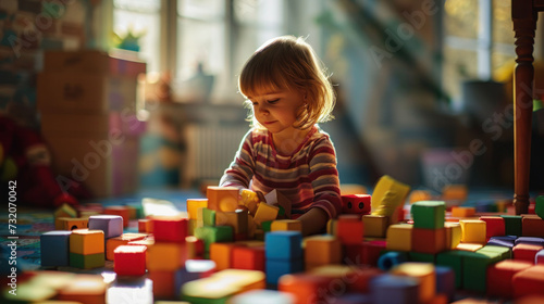 Young child playing with colorful building blocks on a sunny day indoors, focused and creative playtime.