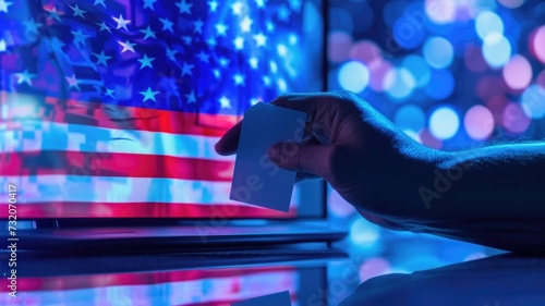 conceptual image of a hand casting a vote on an electronic screen that reflects the iconic stars and stripes, showcasing the patriotic act of voting