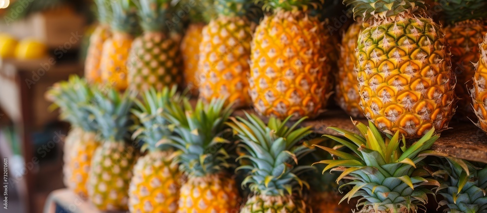 A stack of green pineapple fruits is placed on a rustic wooden shelf, emanating a refreshing aroma of natural foods in a well-lit environment. A stack of green pineapple fruits is placed on a rustic wooden shelf, emanating a refreshing aroma of natural foods in a well-lit environment.