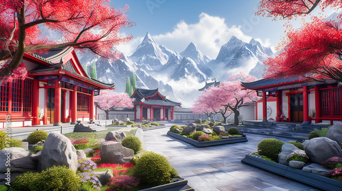 Scenic Mountain Landscape in Asia, Traditional Chinese Architecture Amidst Natural Beauty