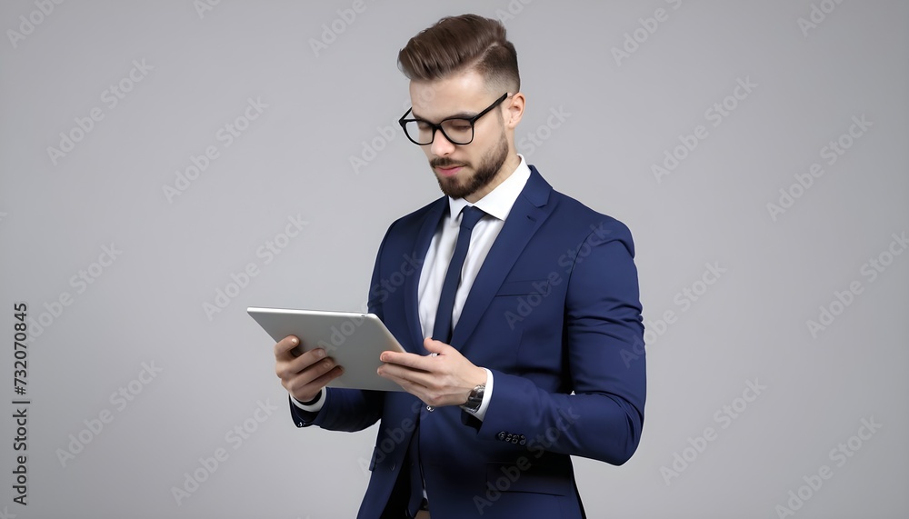 Modern technology and electronic devices concept. Studio shot of stylish positive young male manager using digital tablet for work. Businessman in formal wear holding touch pad portable computer Modern technology and electronic devices concept. Studio shot of stylish positive young male manager using digital tablet for work. Businessman in formal wear holding touch pad portable computer