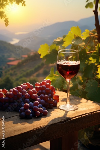 glass of red wine with purple grapes on wooden table on mountain background