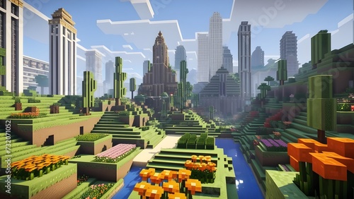 Hight detailed Minecraft a city with lots of plants and flowers in garden in the foreground area. A city with lots of in the foreground area, surrounded by tall skyscrapers on either side, voxel 