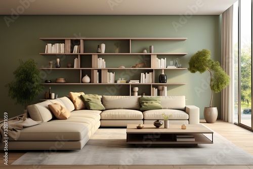 modern interior design of living room in beige and green colors photo