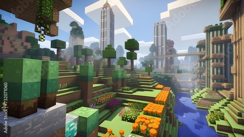 Hight detailed Minecraft a city with lots of plants and flowers in garden in the foreground area. A city with lots of in the foreground area, surrounded by tall skyscrapers on either side, voxel 
