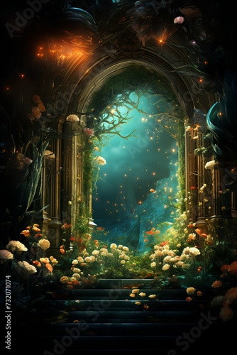 magical gates in dark forest covered in flowers