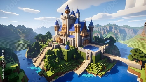 High detailed a Minecraft castle set in a beautiful landscape. Voxel photo