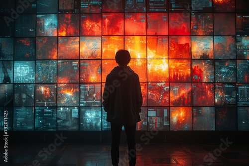 A fashionable man stands in front of a glowing street art screenshot, his clothing a reflection of the vibrant light and urban energy surrounding him