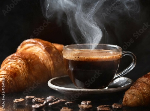 Black coffee and croissants isolated on dark background