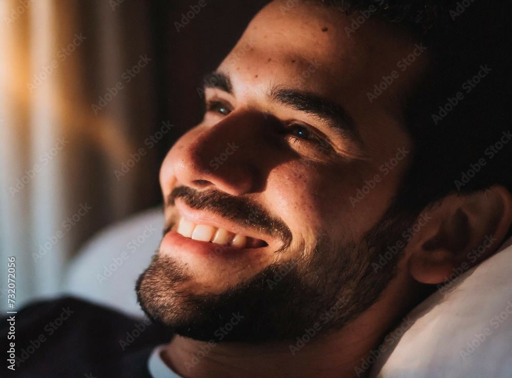 Obraz premium Man on the couch laughing, watching movies. Relax time after long day at work.