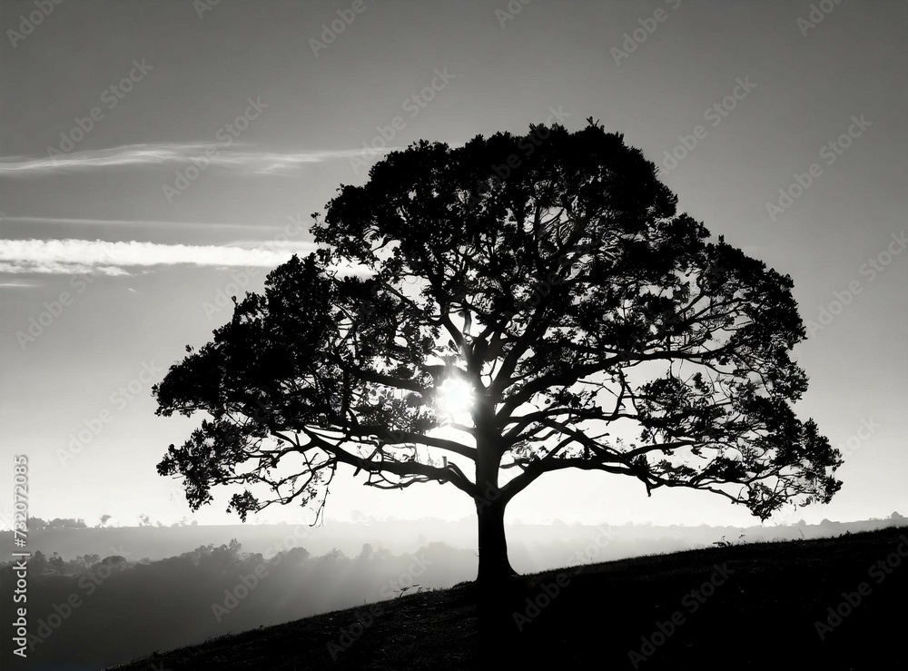 Obraz premium Big tree on a hill. Monochrome landscape photography.