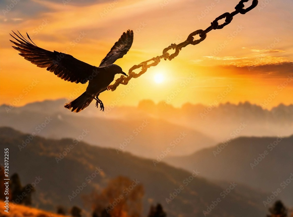 Naklejka premium World freedom day concept- Silhouette of bird flying and broken chains at autumn mountain background.