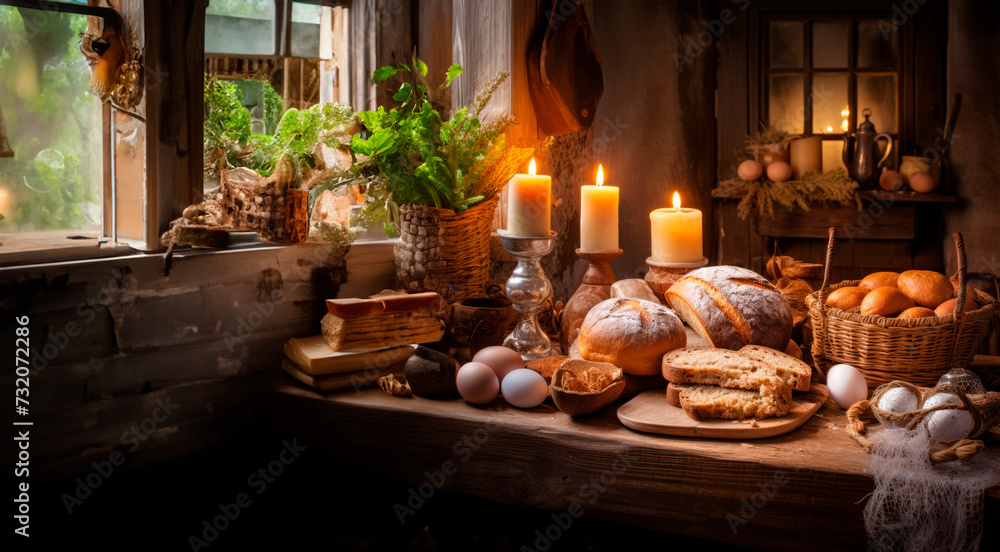 Cozy kitchen interior with fresh bread, eggs, and lit candles on a rustic wooden table, suggesting warmth, nourishment, and tradition.