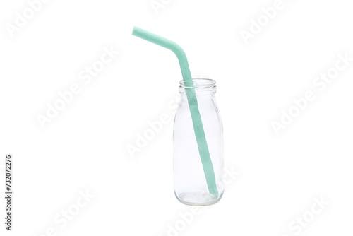 empty glass bottle with blue straw isolated on white