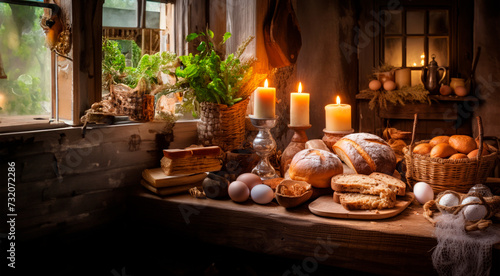 Cozy kitchen interior with fresh bread, eggs, and lit candles on a rustic wooden table, suggesting warmth, nourishment, and tradition. © stateronz