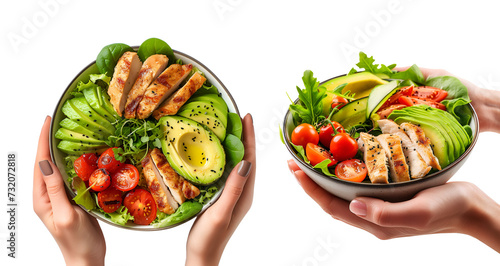 Top and Side View of Yummy Salad Bowls Set, Hand-Held Hawaiian Poke Bowl Style, Isolated on Transparent Background, PNG