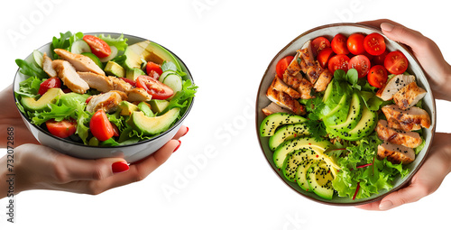 Hawaiian Poke Bowl Style, Set of Yummy Salad Bowls in Hand, Top and Side View, Isolated on Transparent Background, PNG