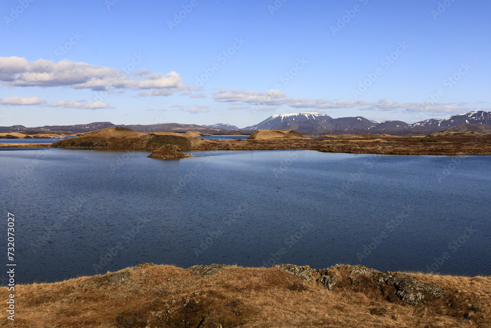 Mývatn is a shallow lake situated in an area of active volcanism in the north of Iceland, near Krafla volcano