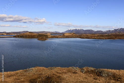 Mývatn is a shallow lake situated in an area of active volcanism in the north of Iceland, near Krafla volcano