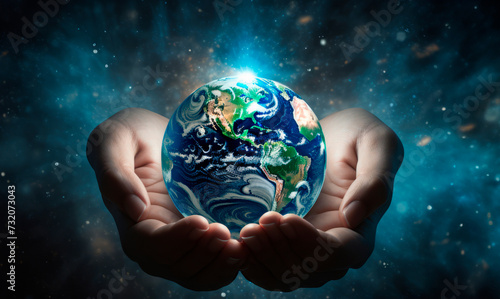 Hands cradling a glowing Earth against a cosmic backdrop, symbolizing care, global responsibility, and environmental consciousness.