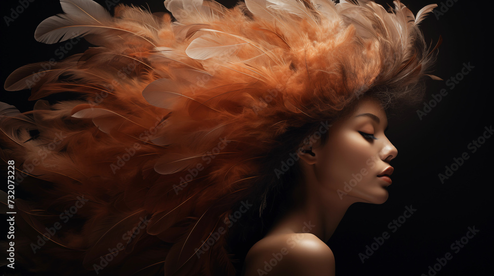 Portrait einer Frau mit braunen Federn als Haarschmuck. Profil. Illustration vor dunklem Hintergrund - obrazy, fototapety, plakaty 