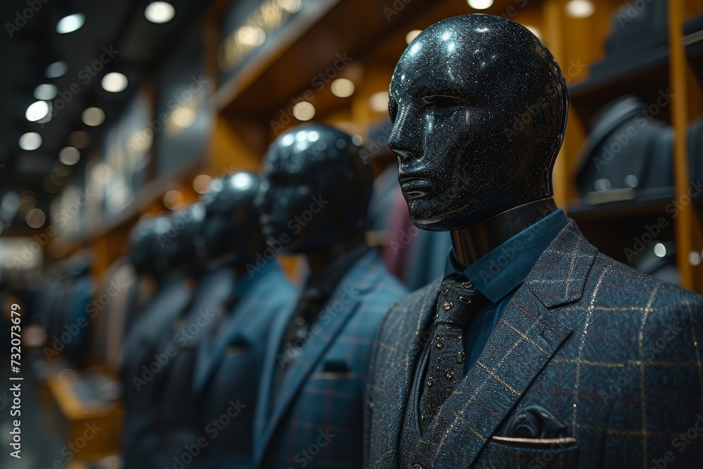 A stunning display of elegance and power as statuesque figures adorned in fine clothing stand guard in an upscale indoor store, blurring the lines between art and reality