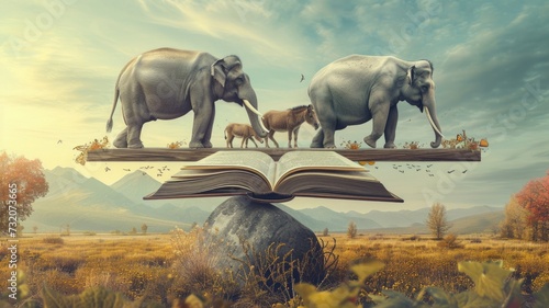 fantasy scene where elephants and donkeys are balancing on a seesaw placed over a book of laws, highlighting the delicate balance of power and legal principles photo