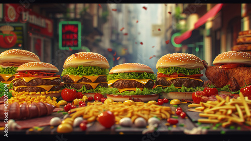 Vibrant 3D Vector Illustration of Fast Food Delights A Symphony of Street Food Icons Including Pizza and Tacos