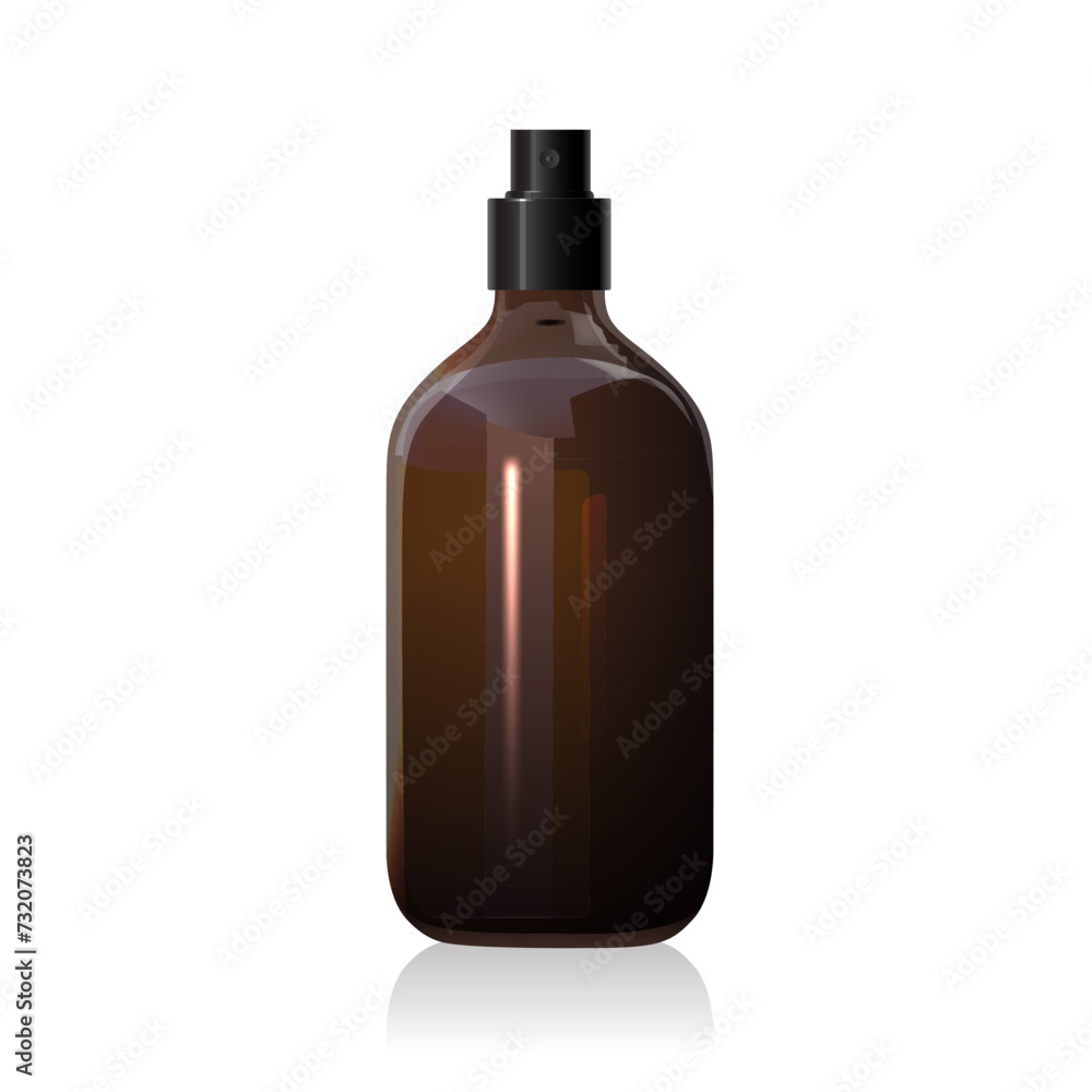 Blank brown glass bottle mockup with open black spray isolated on white background. Dark amber glass package. Spray dispenser. 3d vector healthcare mockup template. Packaging for beauty product Blank brown glass bottle mockup with open black spray isolated on white background. Dark amber glass package. Spray dispenser. 3d vector healthcare mockup template. Packaging for beauty product