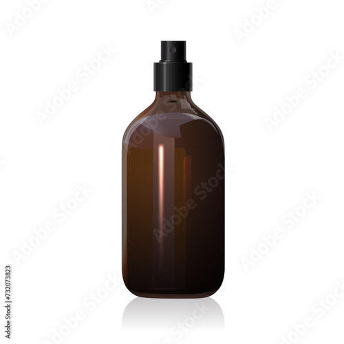 Blank brown glass bottle mockup with open black spray isolated on white background. Dark amber glass package. Spray dispenser. 3d vector healthcare mockup template. Packaging for beauty product