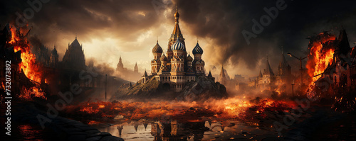 skyline of red square of the Russian capital Moscow on fire and war smoke and apocalyptical conflict with ruins and demonstration protests environment as wide banner design photo