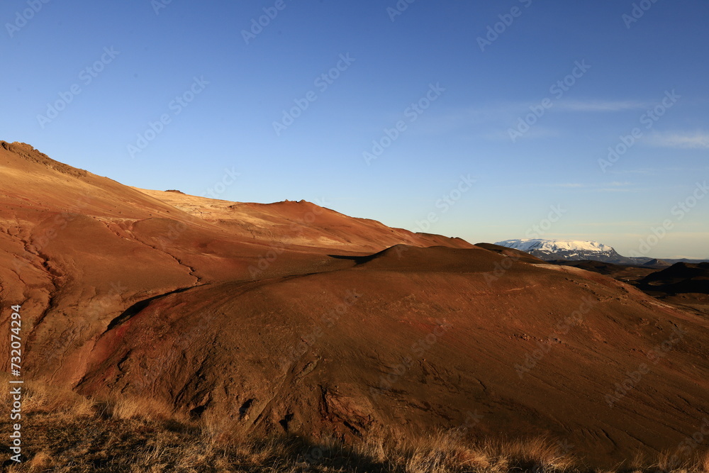Naklejka premium Hverarönd is a hydrothermal site in Iceland with hot springs, fumaroles, mud ponds and very active solfatares. It is located in the north of Iceland