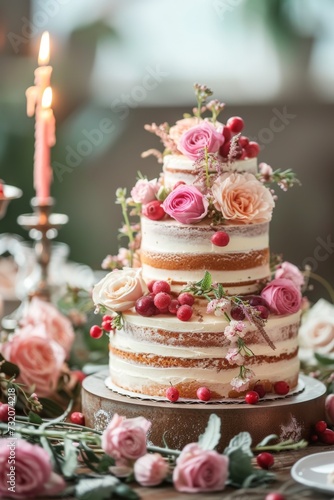 Wedding Cake With Flowers and Candles on Table