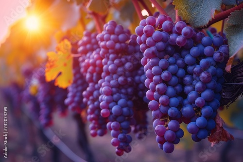 Nature's bounty captured in a vibrant cluster of plump, seedless grapes hanging from a lush vine, a symbol of abundance and the changing of seasons in a picturesque vineyard