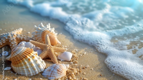 Starfish and Seashells on Sandy Beach © BrandwayArt