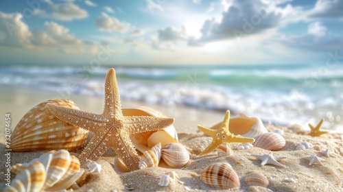 Starfish and Seashells on a Sandy Beach