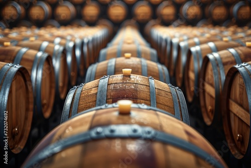 A rustic winery's indoor wine cellar showcases a large row of wooden barrels, evoking thoughts of aged perfection and a deep appreciation for the craft of brewing
