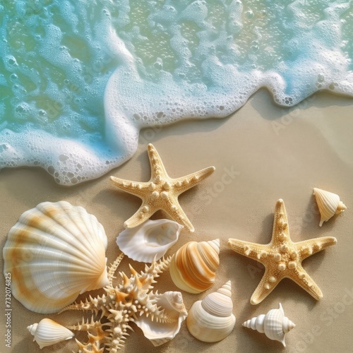 Seashells and Starfish on Sandy Beach