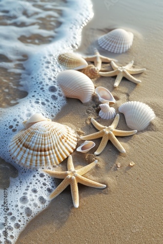 Starfish and Seashells on a Sandy Beach