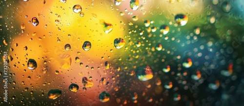 A stunning macro photograph captures raindrops on a window with a blurred background, creating an artistic composition.