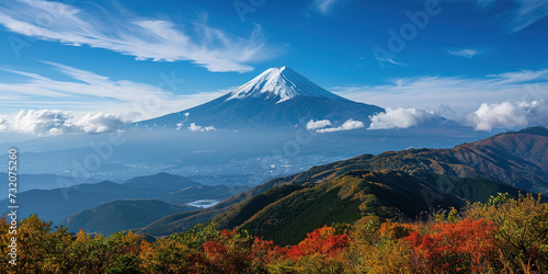 Mt. Fuji, mount Fuji-san tallest volcano mountain in Tokyo, Japan. Snow capped peak, conical sacred symbol, nature landscape backdrop background wallpaper, travel destination