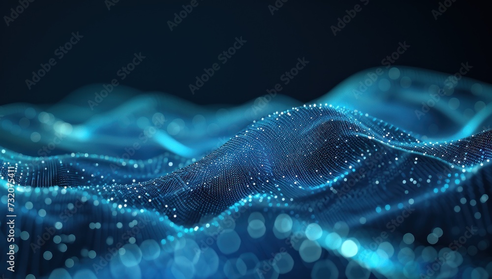 Digital wave background in blue and black. A wave of small bright blue energy particles Digital wave background in blue and black. A wave of small bright blue energy particles