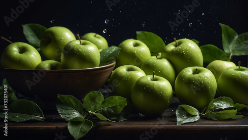 freshness ripe green apples on a dark background