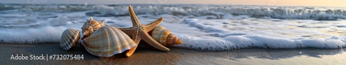 Two Seashells on Sandy Beach by the Ocean